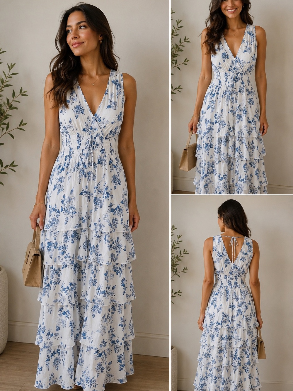 J Gee Sleeveless Blue Floral Tiered Maxi Dress